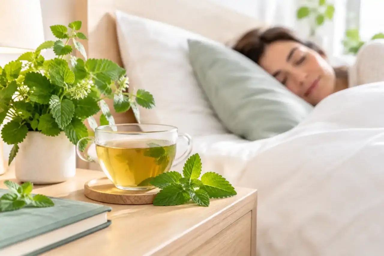 Feuilles fraîches de mélisse et infusion fumante dans une tasse en céramique